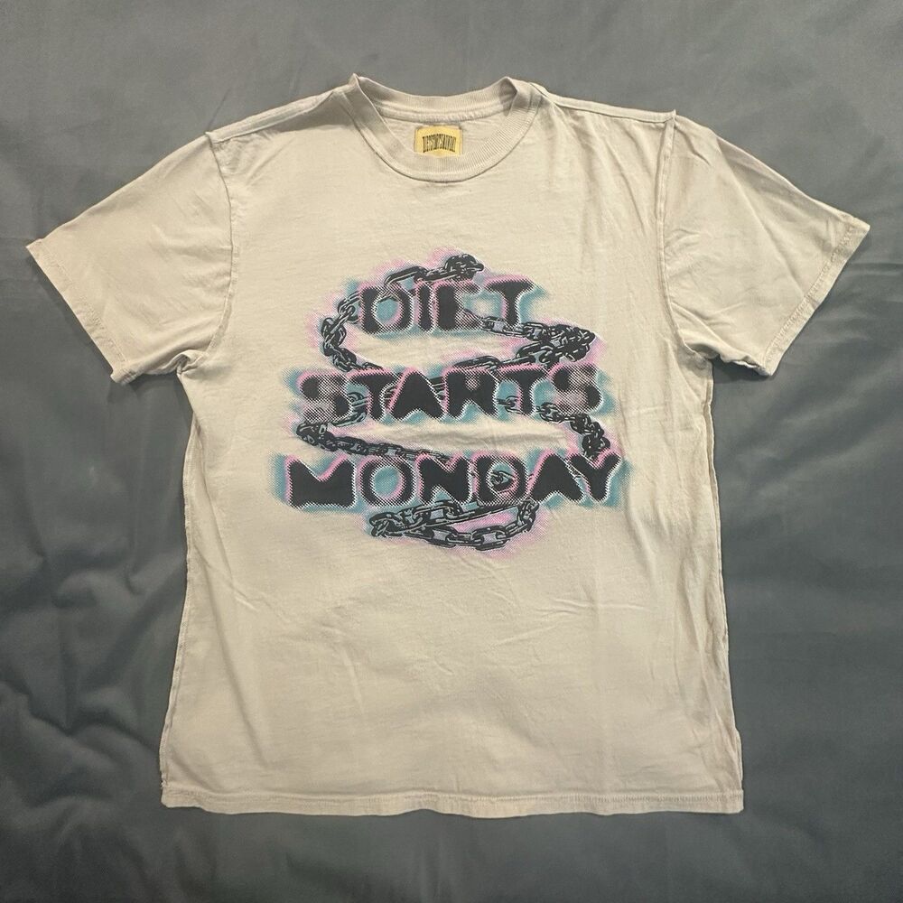 Diet Starts Monday T-Shirt Mens Small Chain Inside Out Tee Beige Graphic Print